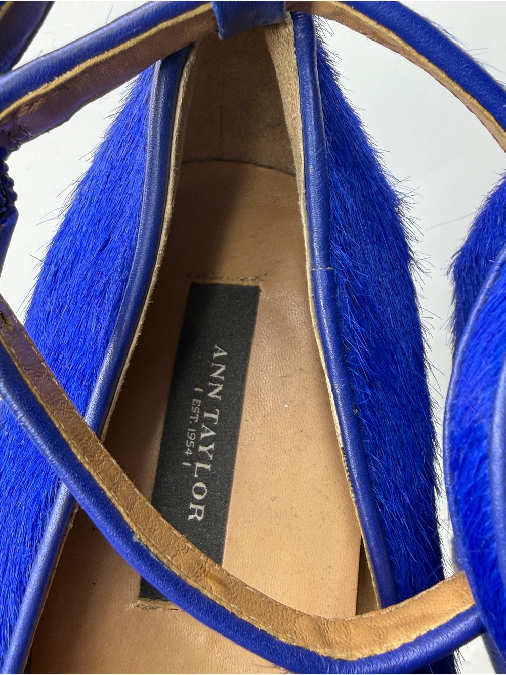 Ann Taylor Vibrant Royal Blue Faux Fur Wedge Pumps with Ankle Strap - Picture 5 of 6
